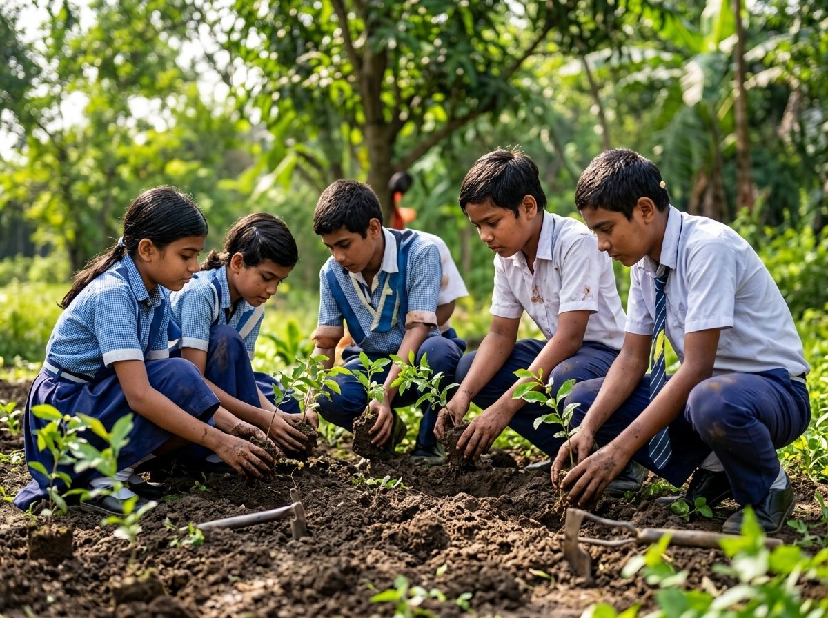 Students and volunteers participating in tree sapling plantation drive