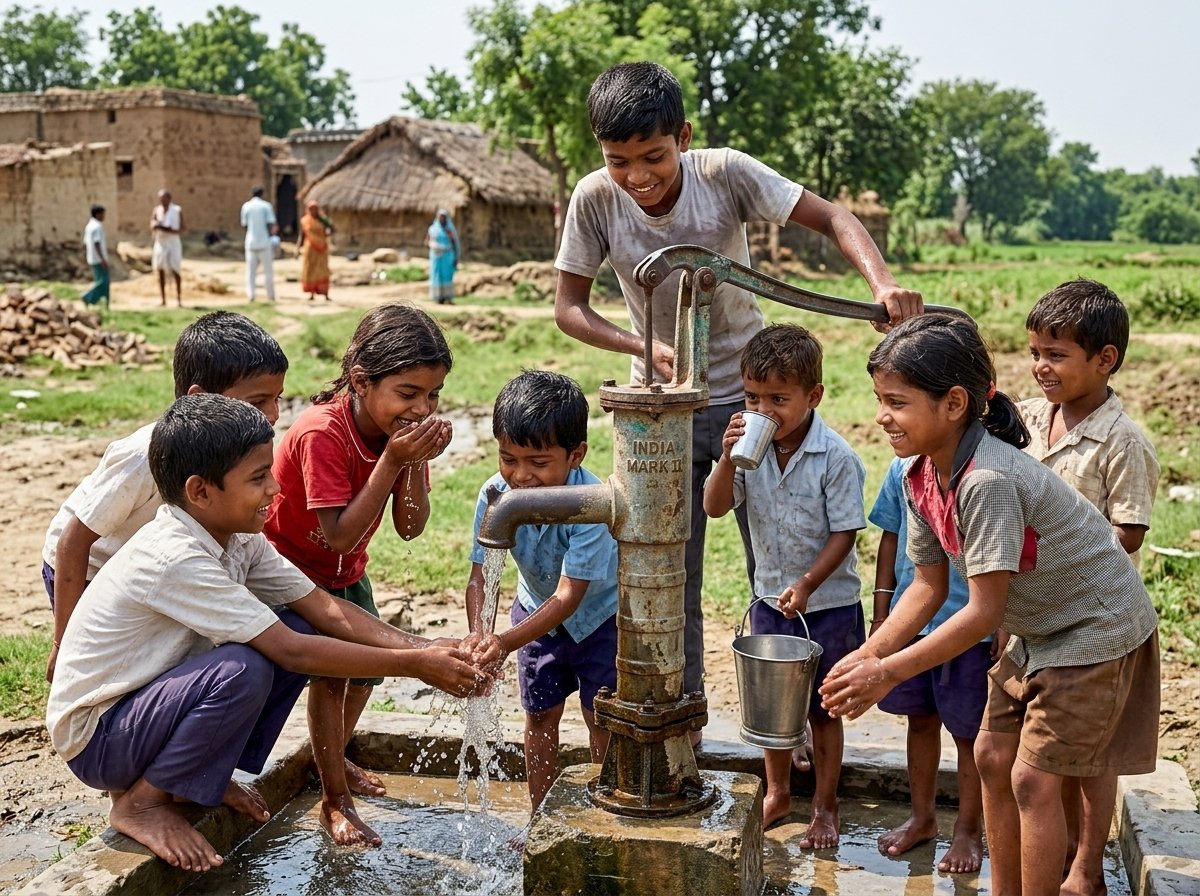 Community members and children around safe drinking water source in Uttar Pradesh
